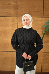 Kendinden Desenli Bel Bağlamalı Tunik Siyah