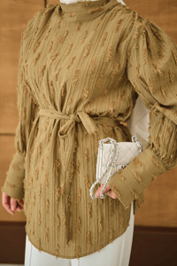 Kendinden Desenli Bel Bağlamalı Tunik Yağ Yeşil