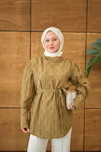 Kendinden Desenli Bel Bağlamalı Tunik Yağ Yeşil