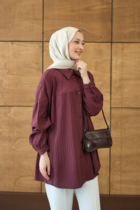 Kendinden Desenli Biyeli Gömlek Bordo