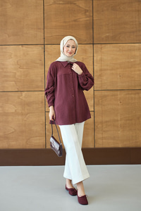 Kendinden Desenli Biyeli Gömlek Bordo