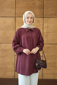 Kendinden Desenli Biyeli Gömlek Bordo