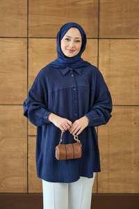 Kendinden Desenli Biyeli Gömlek Lacivert