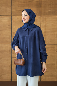 Kendinden Desenli Biyeli Gömlek Lacivert