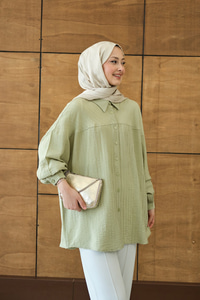 Kendinden Desenli Biyeli Gömlek Su Yeşil