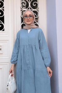 Kendinden Desenli Elbise Açık Mavi