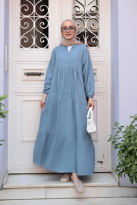 Kendinden Desenli Elbise Açık Mavi