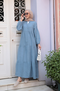 Kendinden Desenli Elbise Açık Mavi