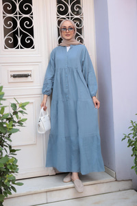 Kendinden Desenli Elbise Açık Mavi