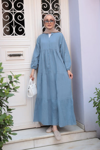 Kendinden Desenli Elbise Açık Mavi