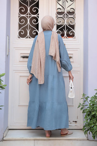 Kendinden Desenli Elbise Açık Mavi