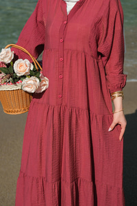 Kendinden Desenli Elbise Bordo