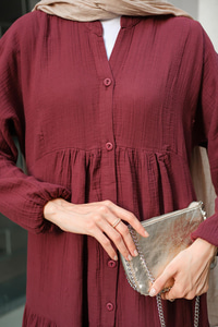 Kendinden Desenli Elbise Bordo