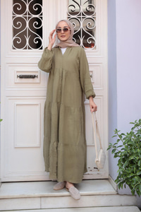 Kendinden Desenli Elbise Haki Yeşil