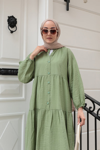 Kendinden Desenli Elbise Haki Yeşil