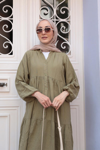 Kendinden Desenli Elbise Haki Yeşil