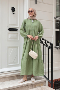 Kendinden Desenli Elbise Haki Yeşil