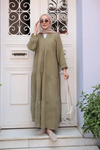 Kendinden Desenli Elbise Haki Yeşil