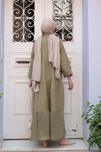 Kendinden Desenli Elbise Haki Yeşil