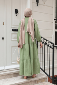 Kendinden Desenli Elbise Haki Yeşil