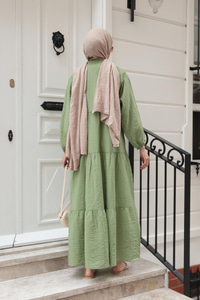 Kendinden Desenli Elbise Haki Yeşil