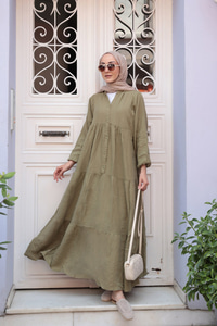 Kendinden Desenli Elbise Haki Yeşil