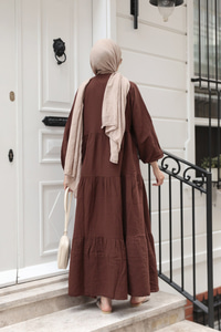 Kendinden Desenli Elbise Kahverengi