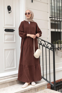 Kendinden Desenli Elbise Kahverengi