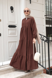 Kendinden Desenli Elbise Kahverengi