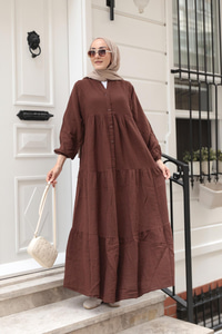 Kendinden Desenli Elbise Kahverengi