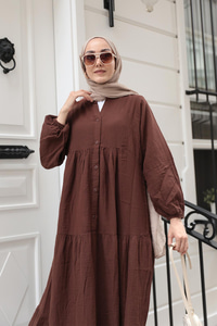 Kendinden Desenli Elbise Kahverengi