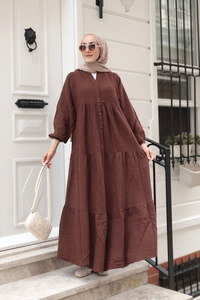 Kendinden Desenli Elbise Kahverengi