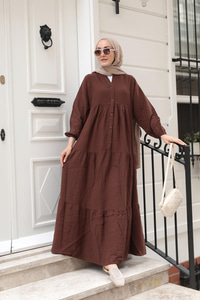 Kendinden Desenli Elbise Kahverengi