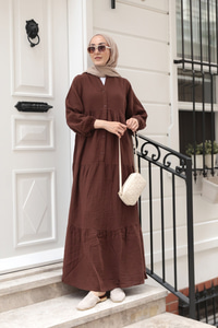 Kendinden Desenli Elbise Kahverengi