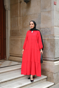 Kendinden Desenli Elbise Kırmızı