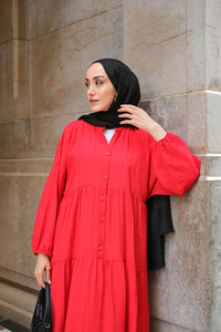 Kendinden Desenli Elbise Kırmızı