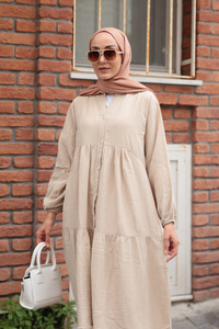 Kendinden Desenli Elbise Krem