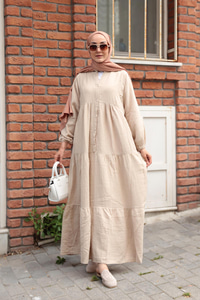 Kendinden Desenli Elbise Krem