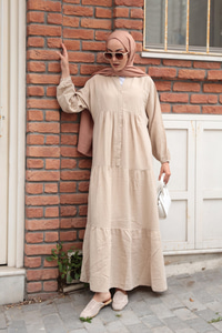 Kendinden Desenli Elbise Krem