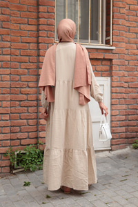 Kendinden Desenli Elbise Krem