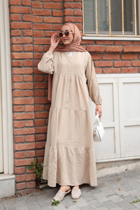 Kendinden Desenli Elbise Krem