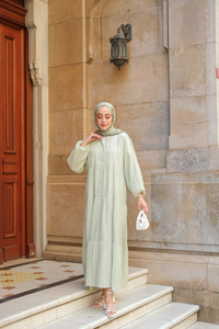 Kendinden Desenli Elbise Küf Yeşil