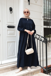 Kendinden Desenli Elbise Lacivert