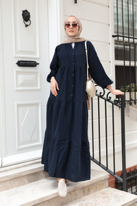 Kendinden Desenli Elbise Lacivert