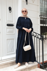 Kendinden Desenli Elbise Lacivert