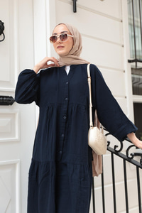 Kendinden Desenli Elbise Lacivert