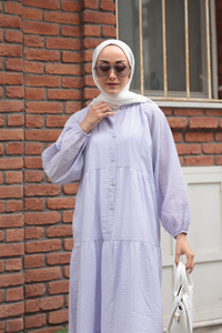 Kendinden Desenli Elbise Lila