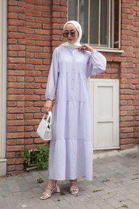 Kendinden Desenli Elbise Lila