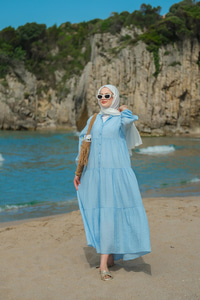 Kendinden Desenli Elbise Mavi