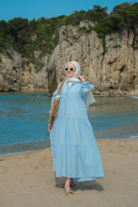 Kendinden Desenli Elbise Mavi